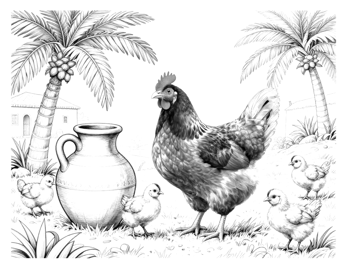 رسمة تلوين لدجاجة كبيرة تقود كتاكيت صغيرة قرب جرة فخارية ونخلة في فناء مزرعة.