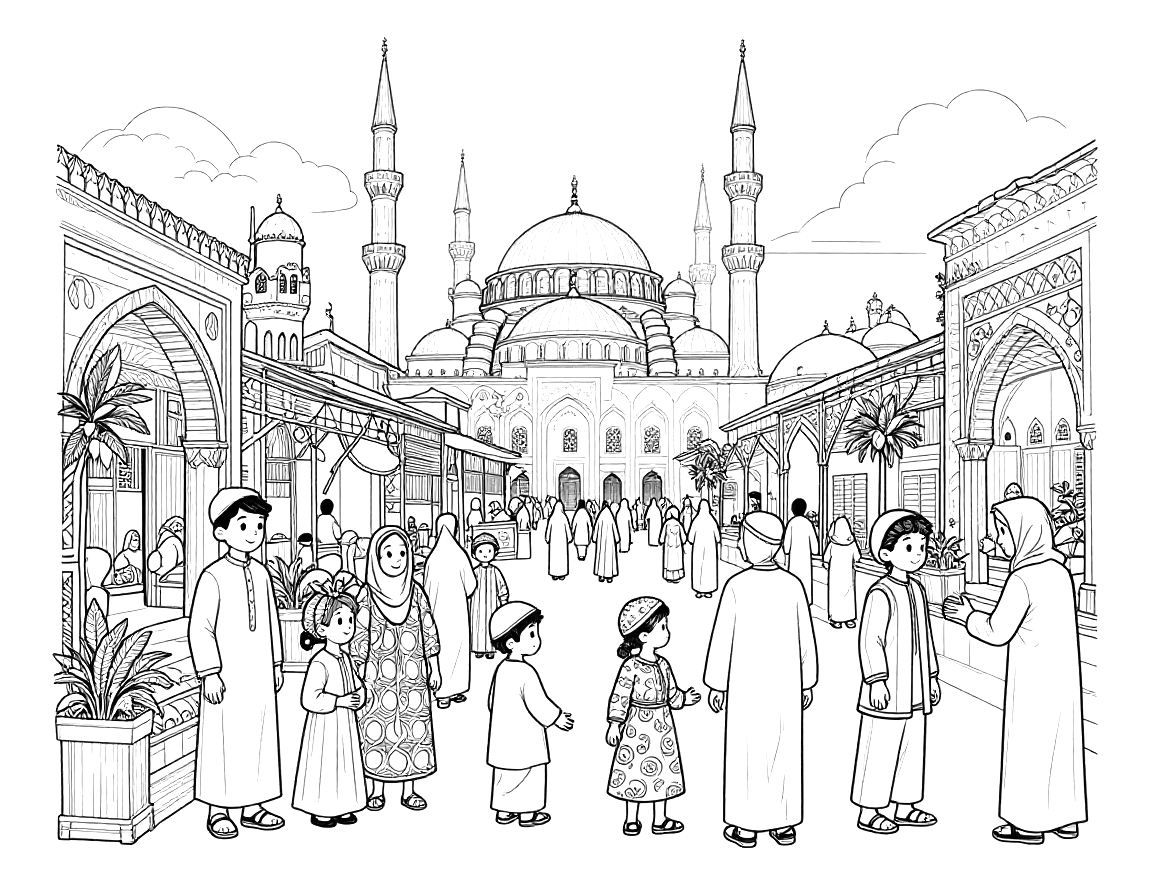 رسمة تلوين لشارع مزين في صباح العيد، فيه عائلات بملابس احتفالية وأقواس مزخرفة ومسجد كبير بقباب ومآذن