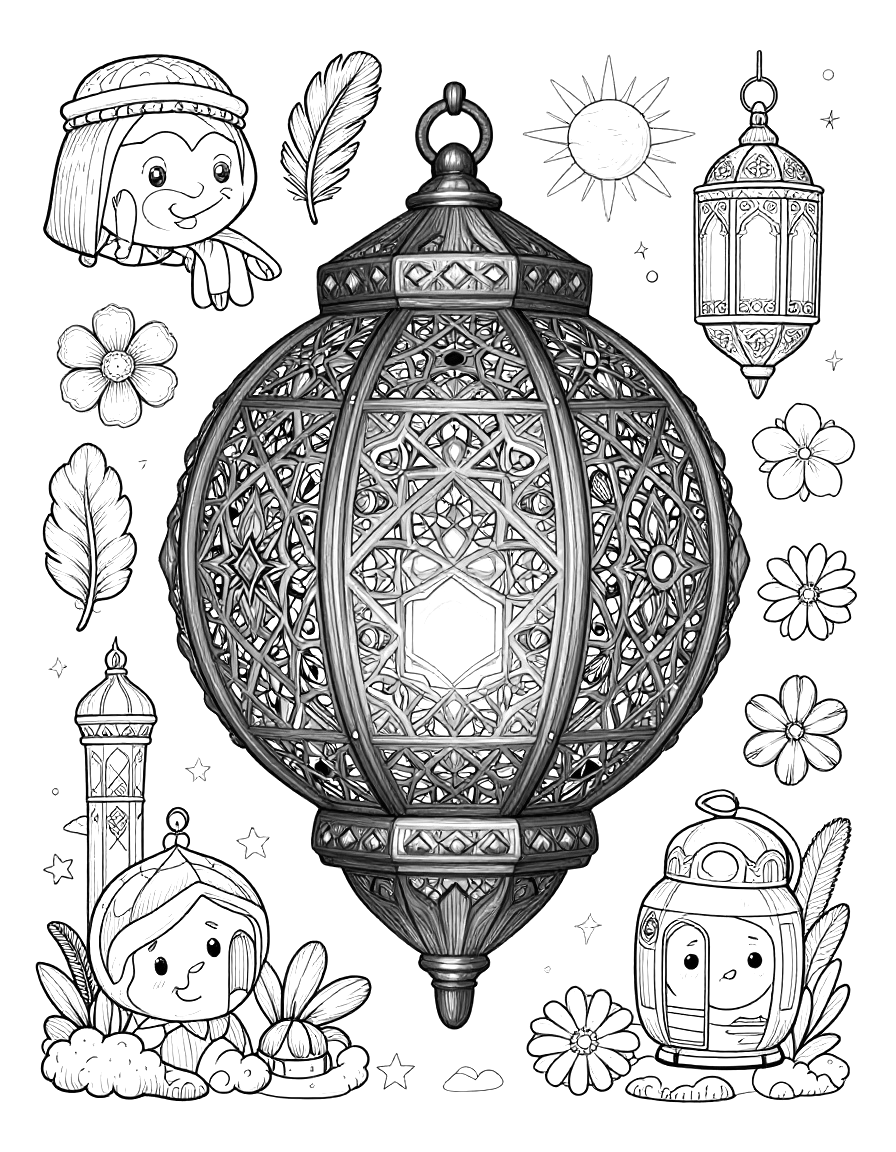 رسمة تلوين لفانوس رمضان كبير مزخرف بنقوش هندسية وزهور، مع فانوسين صغيرين وشخصيات ونجوم وزهور حوله