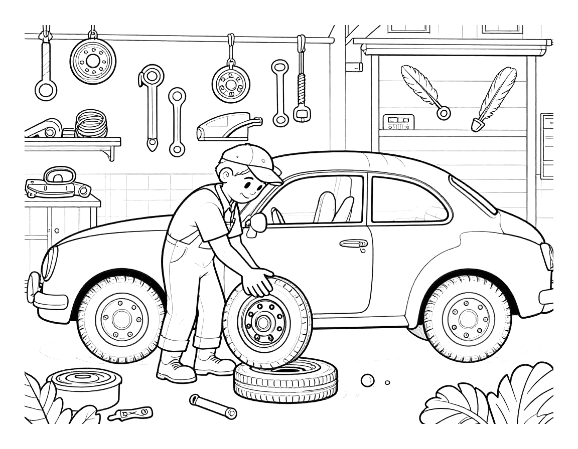 رسمة تلوين تظهر ميكانيكيا يغير إطار سيارة كلاسيكية داخل ورشة فيها أدوات معلقة على الحائط وقطع غيار