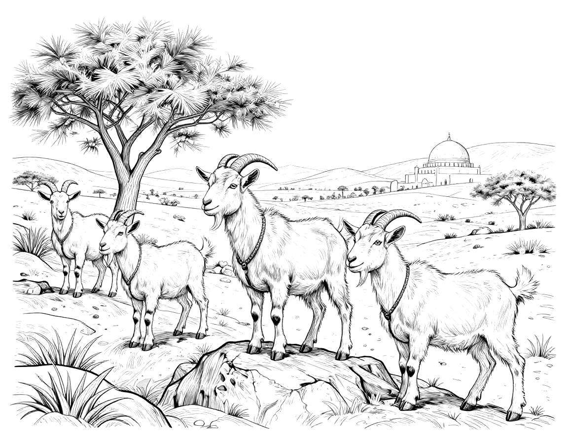 رسمة تلوين لقطيع من الماعز يقف بين الصخور في واد صحراوي مع شجرة أكاسيا ومسجد بقبة في الأفق