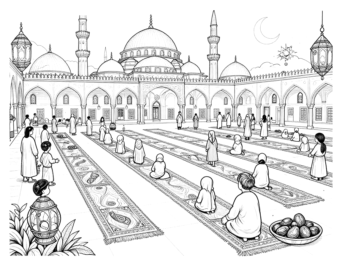 رسمة تلوين لساحة مسجد واسعة في ليلة رمضان، صفوف سجادات الصلاة وفوانيس معلقة وهلال وطبق تمر