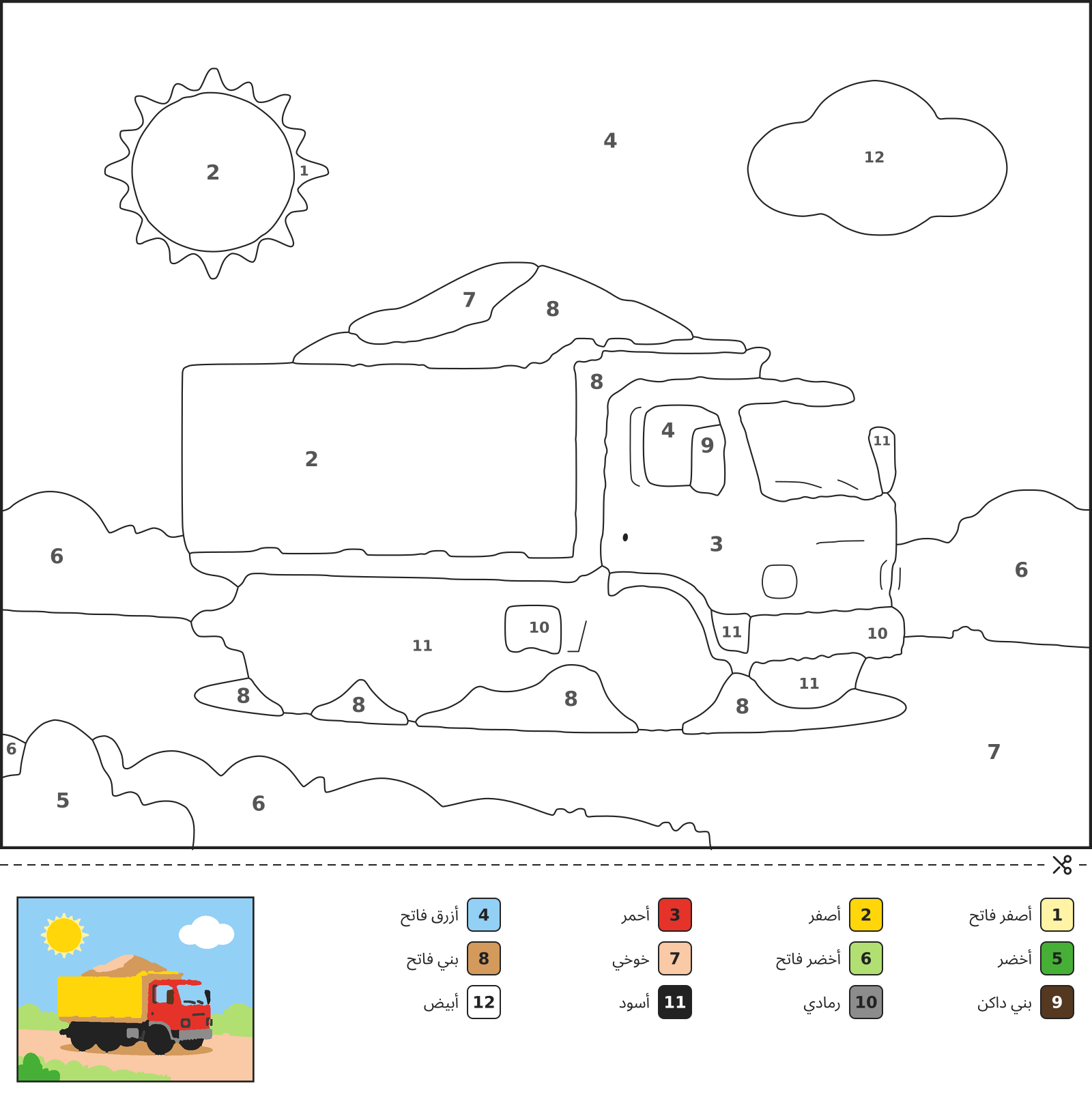 رسمة تلوين بالأرقام لشاحنة قلابة تحمل حمولة من الرمل على طريق ترابي، مع شمس وغيوم وتلال في الخلفية ومفتاح ألوان أسفل الصفحة