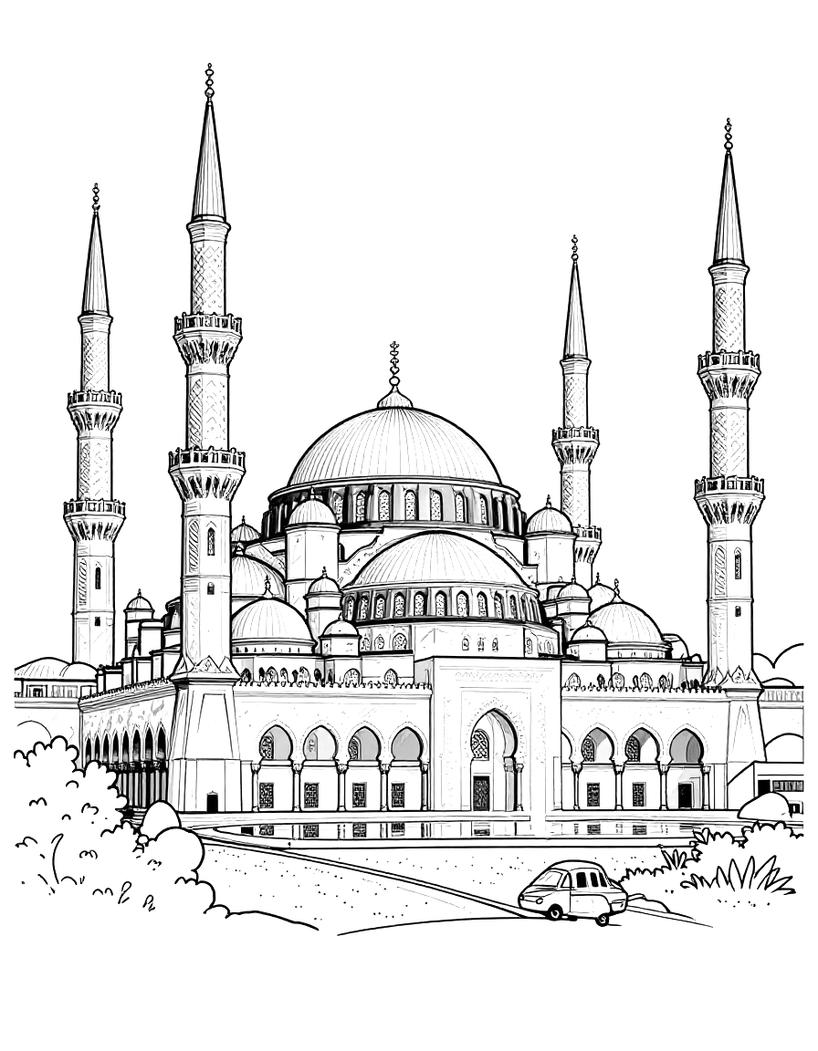 رسمة تلوين لجامع الشيخ زايد الكبير بقبته الكبيرة وأربع مآذن طويلة وأقواس ونخيل ومركبة صغيرة في المقدمة.