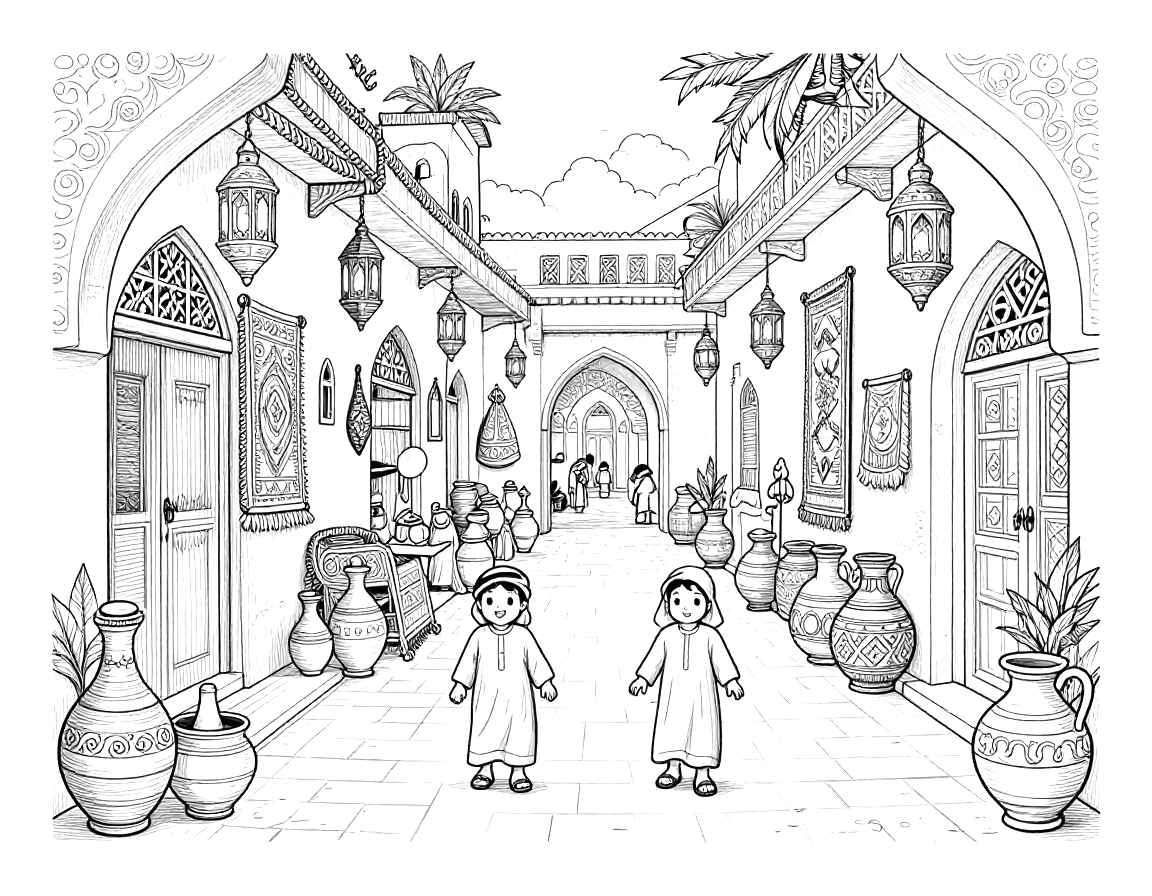 رسمة تلوين لسوق عربي قديم بأقواس وفوانيس معلقة وسجاد وفخار وطفلين يسيران في الممر