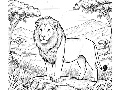رسمة تلوين لأسد بلبدة كثيفة يقف على صخرة بين الأعشاب الطويلة وأشجار الأكاسيا والجبال في الخلفية