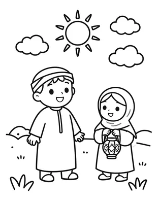 رسمة تلوين لطفل يرتدي ثوبا وطفلة ترتدي حجابا تحمل فانوس رمضان وسط زخارف ماندالا في شارع مزين