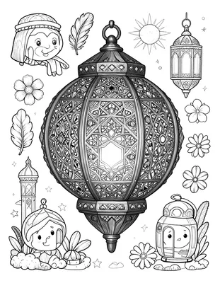 رسمة تلوين لفانوس رمضان كبير مزخرف بنقوش هندسية وزهور، مع فانوسين صغيرين وشخصيات ونجوم وزهور حوله