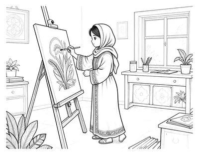 رسمة تلوين لفتاة ترتدي قفطانا طويلا وحجابا ترسم لوحة كبيرة على حامل خشبي في مرسم فيه نباتات ونافذة