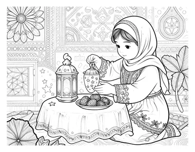 رسمة تلوين لفتاة بحجاب وثوب مطرز تزين فانوس رمضان بنجوم صغيرة على طاولة وعليها تمر وفانوس، مع جدار مزخرف