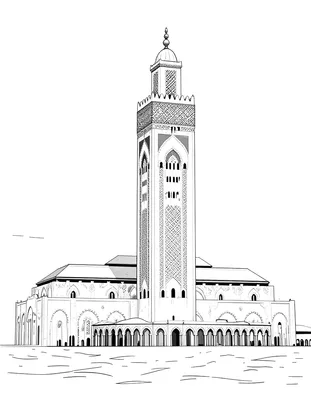 رسمة تلوين لمسجد الحسن الثاني بمئذنته المربعة العالية المزخرفة على شاطئ المحيط بأمواجه