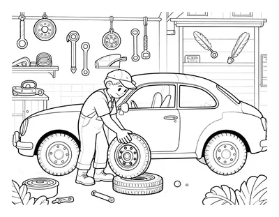 رسمة تلوين تظهر ميكانيكيا يغير إطار سيارة كلاسيكية داخل ورشة فيها أدوات معلقة على الحائط وقطع غيار