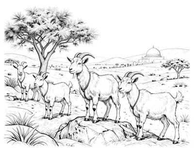 رسمة تلوين لقطيع من الماعز يقف بين الصخور في واد صحراوي مع شجرة أكاسيا ومسجد بقبة في الأفق