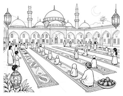 رسمة تلوين لساحة مسجد واسعة في ليلة رمضان، صفوف سجادات الصلاة وفوانيس معلقة وهلال وطبق تمر