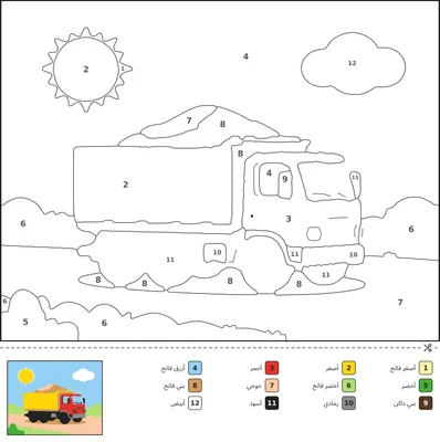 رسمة تلوين بالأرقام لشاحنة قلابة تحمل حمولة من الرمل على طريق ترابي، مع شمس وغيوم وتلال في الخلفية ومفتاح ألوان أسفل الصفحة