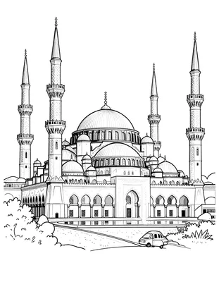 رسمة تلوين لجامع الشيخ زايد الكبير بقبته الكبيرة وأربع مآذن طويلة وأقواس ونخيل ومركبة صغيرة في المقدمة.